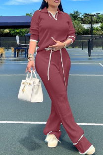 Watermelon Red Casual Solid Patchwork Turndown Collar Long Sleeve Two Pieces