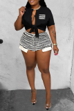 Black Sexy Striped Patchwork V Neck Short Sleeve Two Pieces