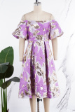 Purple Casual Print Patchwork Off the Shoulder A Line Dresses (Subject To The Actual Object)