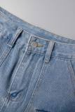 Light Blue Street Gradual Change Patchwork Pocket High Waist Loose Denim Jeans