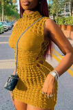 Yellow Sexy Solid Bandage Hollowed Out Patchwork Half A Turtleneck Pencil Skirt Dresses