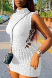 White Sexy Solid Bandage Hollowed Out Patchwork Half A Turtleneck Pencil Skirt Dresses