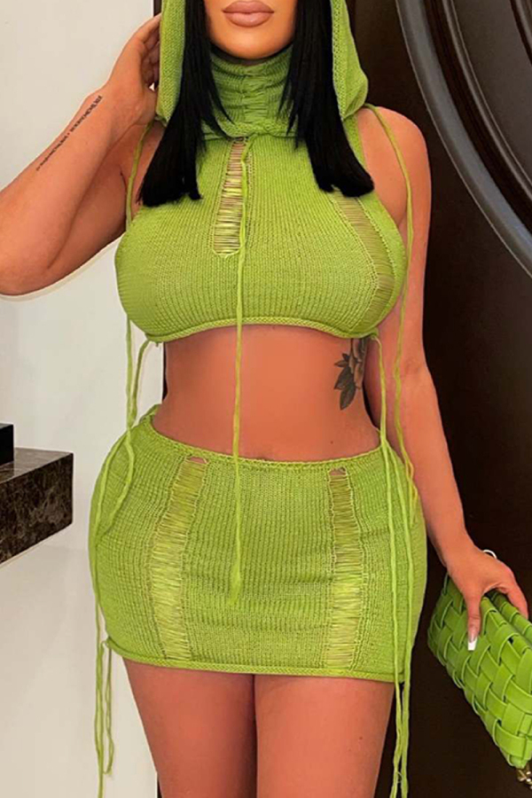 Green Sexy Solid Ripped See-through Backless Hooded Collar Sleeveless Two Pieces