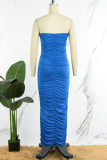 Blue Casual Solid Backless Fold Strapless One Step Skirt Dresses