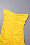 Yellow Casual Solid Backless Fold Strapless One Step Skirt Dresses