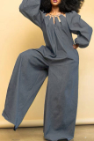 Navy Blue Casual Solid Patchwork Metal Accessories Decoration Asymmetrical Collar Loose Jumpsuits