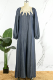 Navy Blue Casual Solid Patchwork Metal Accessories Decoration Asymmetrical Collar Loose Jumpsuits
