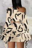 Champagne Sexy Street Print Patchwork Patch One Shoulder Long Sleeve Two Pieces