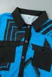 Blue Elegant Geometric Pocket Buckle Flounce Turndown Collar Shirt Dress Dresses