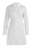 White Casual Solid Bandage Patchwork Buckle Turndown Collar Shirt Dress Plus Size Dresses