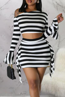 Zebra Sexy Street Print Patchwork Patch One Shoulder Long Sleeve Two Pieces