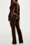 Coffee Casual Solid Patchwork Buckle Slit Turndown Collar Long Sleeve Two Pieces
