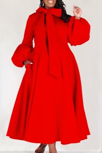 Red Casual Solid With Bow Half A Turtleneck Long Sleeve Dresses