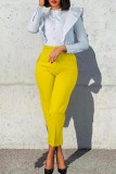 Yellow Casual Solid Patchwork Regular High Waist Pencil Solid Color Trousers