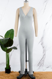 Grey Casual Sportswear Solid Patchwork V Neck Skinny Jumpsuits