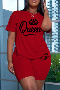 Red Casual Letter Print Basic O Neck Short Sleeve Two Pieces