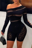 Black Sexy Casual Solid Hollowed Out Oblique Collar Skinny Romper