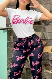 Black Casual Print Letter O Neck Short Sleeve Two Pieces
