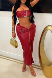Red Sexy Street Party Solid Plain Solid Color Zipper Strapless Sleeveless Two Pieces