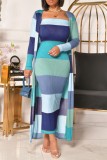 Blue Casual Striped Patchwork Long Sleeve Two Pieces