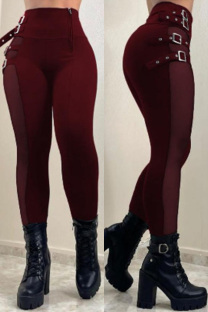 Burgundy Casual Solid Patchwork Skinny High Waist Conventional Solid Color Trousers