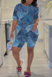 Sky Blue Casual Print Basic O Neck Short Sleeve Two Pieces