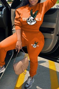 Orange Casual Character Print Letter O Neck Long Sleeve Two Pieces