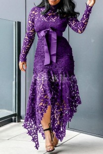 Purple Sexy Casual Solid Hollowed Out Asymmetrical Turtleneck Long Sleeve Dresses
