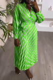 Green Casual Print Frenulum Turndown Collar Long Sleeve Dresses