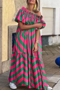 Red Green Casual Striped Print Off the Shoulder Long Dress Dresses
