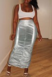Silver Casual Solid Slit Skinny High Waist Conventional Solid Color Skirts