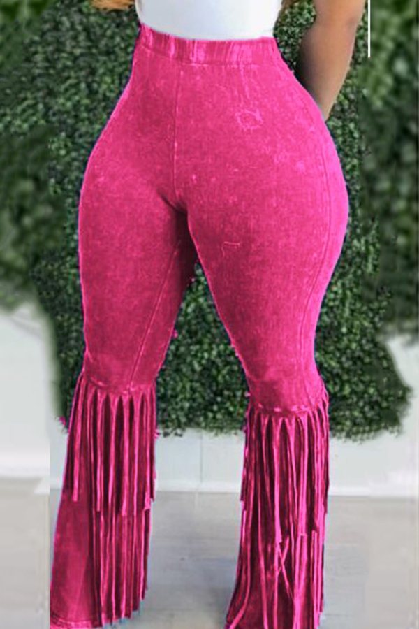 Fuchsia Casual Solid Tassel Boot Cut High Waist Speaker Solid Color Bottoms