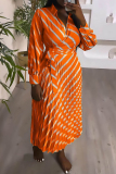 Orange Casual Print Frenulum Turndown Collar Long Sleeve Dresses