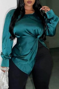 Green Casual Solid Slit O Neck Tops