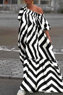 Black White Casual Striped Print Off the Shoulder Long Dress Dresses