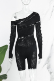 Black Sexy Casual Solid Hollowed Out Oblique Collar Skinny Romper