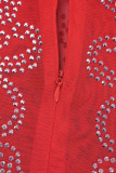 Rose Red Elegant Solid Patchwork Mesh Hot Drill Half A Turtleneck Skinny Jumpsuits