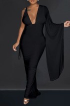 Black Sexy Casual Solid Frenulum Backless Asymmetrical V Neck Long Dress Dresses