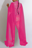 Red Elegant Solid Patchwork Mesh Hot Drill Half A Turtleneck Skinny Jumpsuits