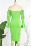 Green Casual Solid Backless Asymmetrical Off the Shoulder Long Sleeve Dresses
