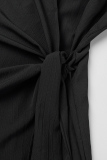 Black Casual Solid Patchwork Frenulum V Neck Long Sleeve Plus Size Dresses