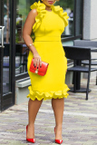 Yellow Casual Solid Patchwork O Neck Sleeveless Dress Dresses