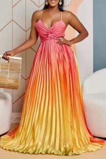 Yellow Sexy Formal Gradual Change Print Backless Pleated Spaghetti Strap Evening Dress Dresses