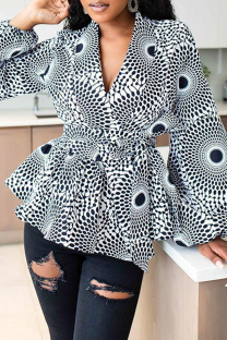 Black And White Casual Print Bandage Patchwork V Neck Tops