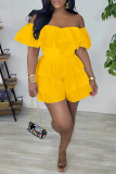 Yellow Casual Solid Patchwork Backless Off the Shoulder Regular Romper