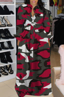 Red Casual Print Camouflage Print Bandage Patchwork Buckle Turndown Collar Long Dress Plus Size Dresses