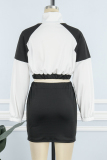 Black Casual Solid Patchwork Buckle Zipper Collar Long Sleeve Two Pieces