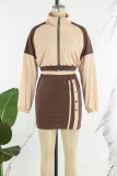 Brown Casual Solid Patchwork Buckle Zipper Collar Long Sleeve Two Pieces