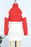 Red Casual Solid Patchwork Buckle Zipper Collar Long Sleeve Two Pieces