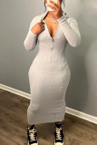 Light Gray Sexy Solid Patchwork Zipper Hooded Collar Wrapped Skirt Dresses